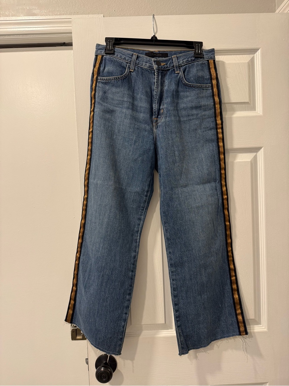 J Brand Blue Denim Jeans with Black and Gold Side Stripe